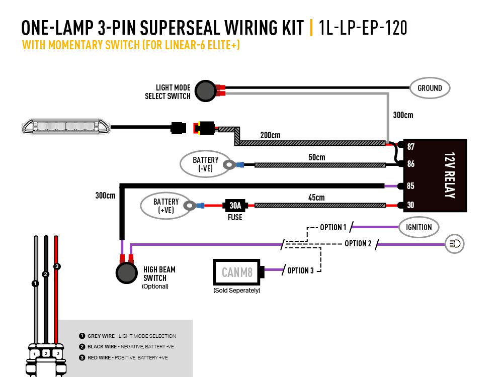 Single-Lamp Wiring Kit with Momentary Switch (3-Pin, Superseal, 12V) - Race and Rally
