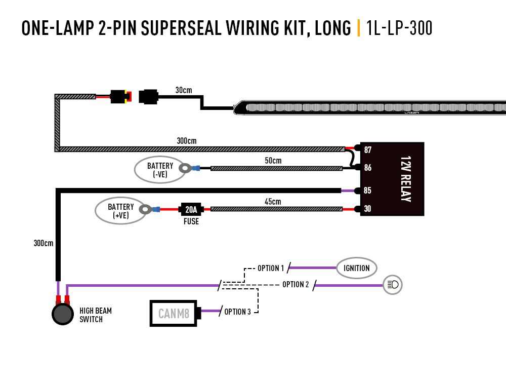 Single-Lamp Wiring Kit - Long (2-Pin, Superseal, 12V) - Race and Rally