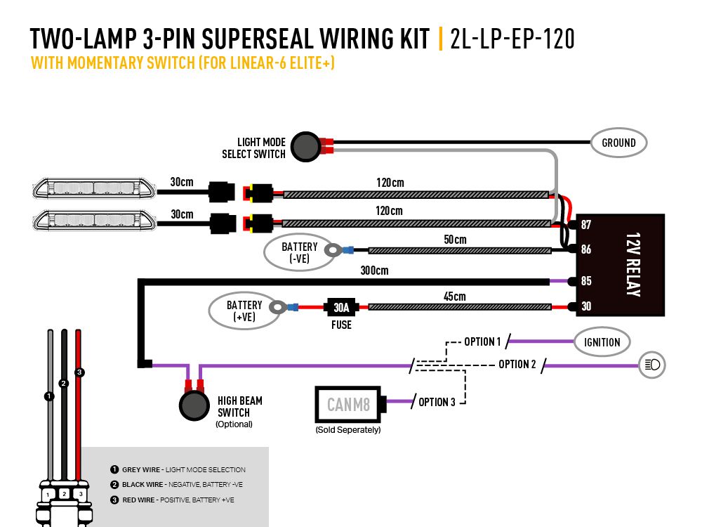 Two-Lamp Wiring Kit with Momentary Switch (3-Pin, Superseal, 12V) - Race and Rally