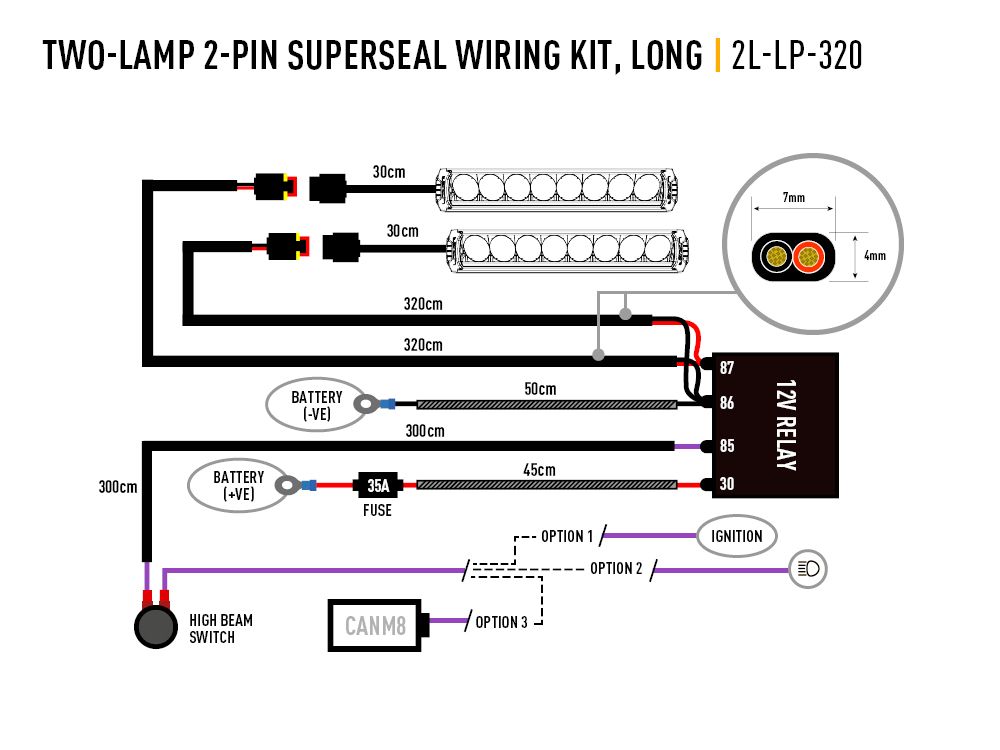 Two-Lamp Wiring Kit - Long (2-Pin, Superseal, 12V) - Race and Rally