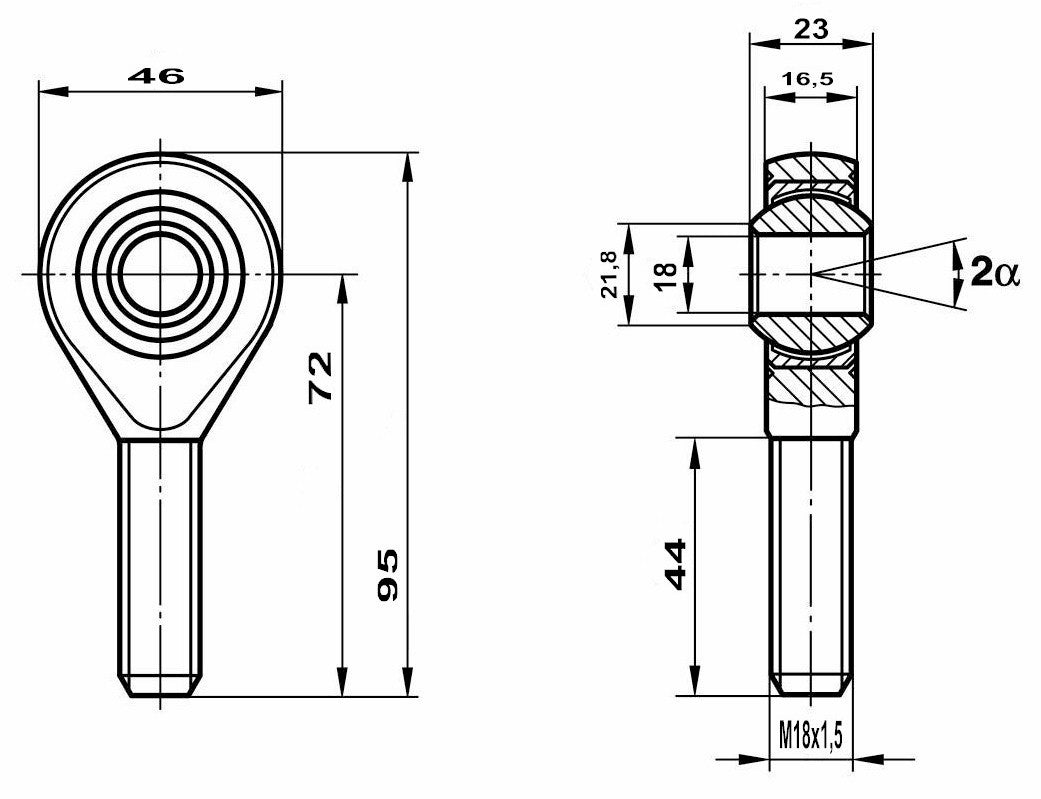 Fluro Bearings 18mm bore fluro tie rod end with M18x1.5 male right-hand thread, shown in the image.