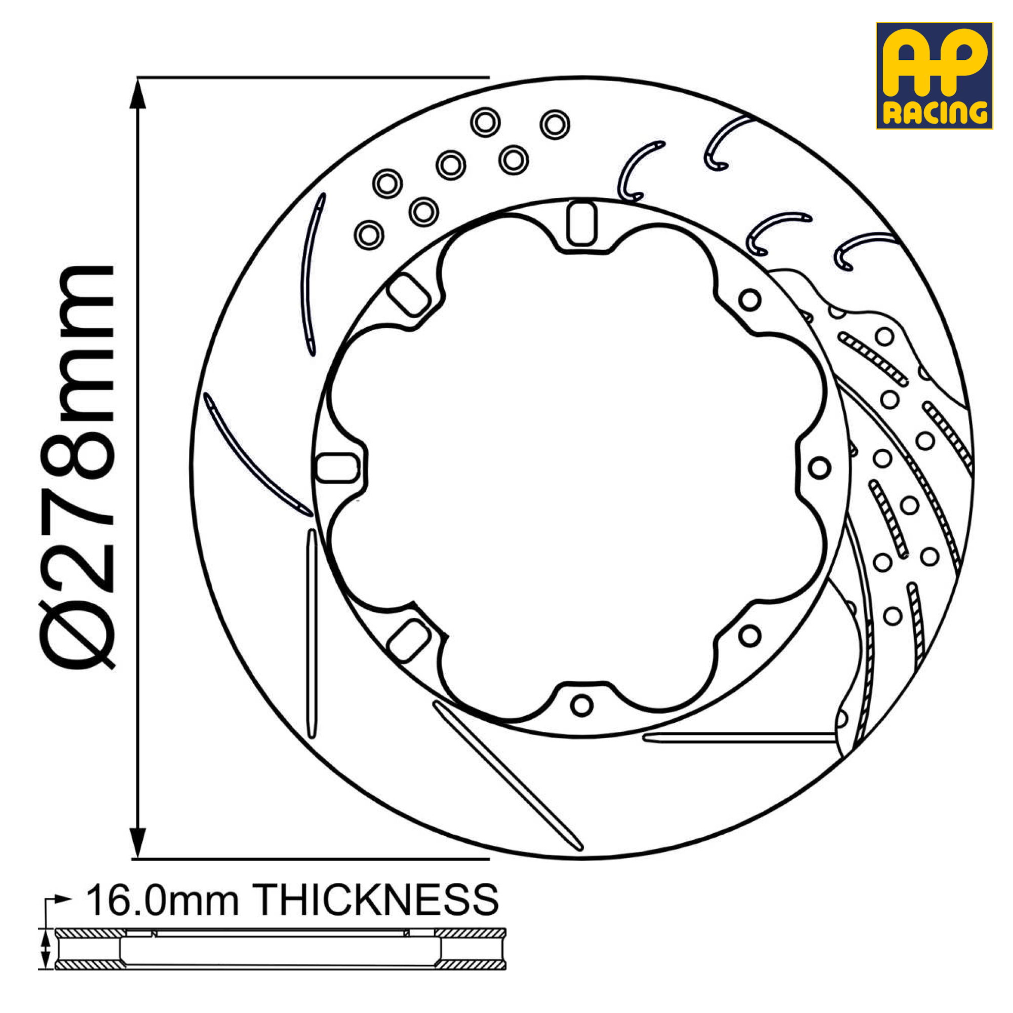 Ø278mm x 16.0mm Ventilated Brake Disc - 8 x 193.5mm PCD - Race and Rally