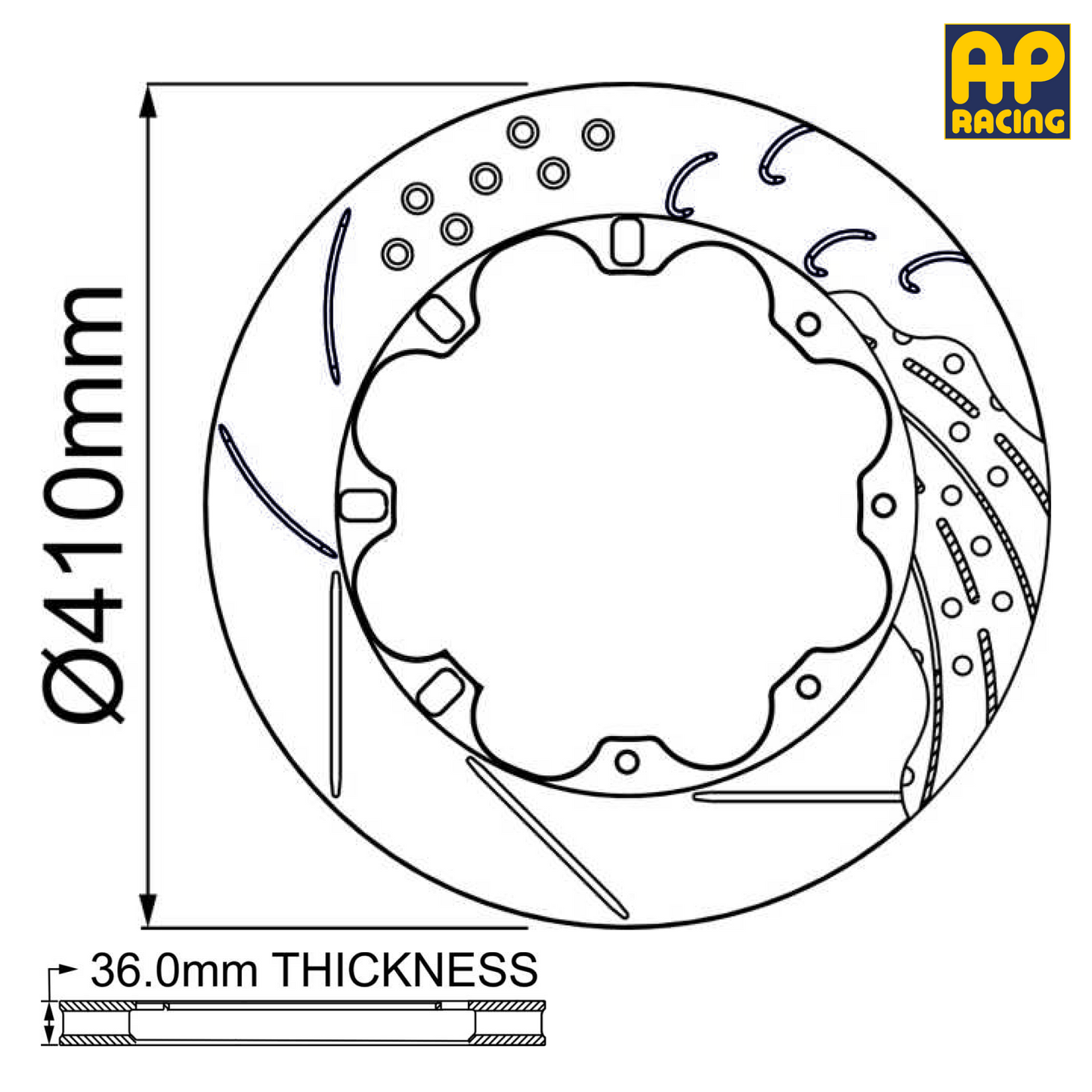 Ø410mm x 36.0mm Ventilated Brake Disc - 12 x 245.5mm PCD - Bolted - 266.0mm Eye Diameter - Race and Rally