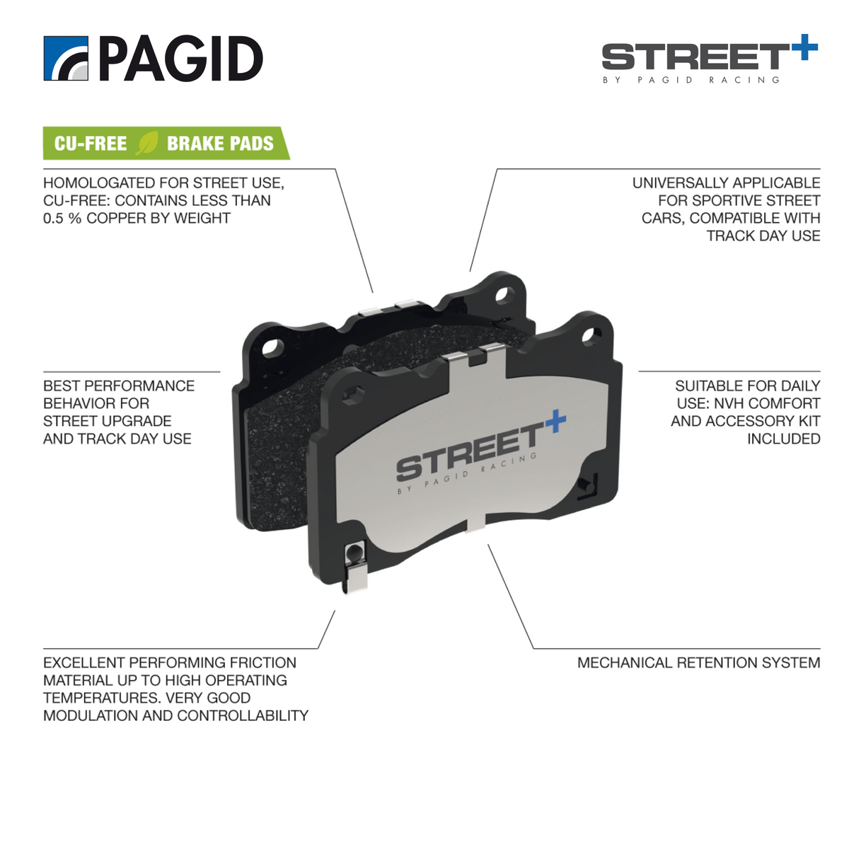 A brake pad product on a white infographic-style background with text callouts and logos for PAGID and STREET+. The pad is black and gray with printed branding, surrounded by feature callouts and compatibility text.