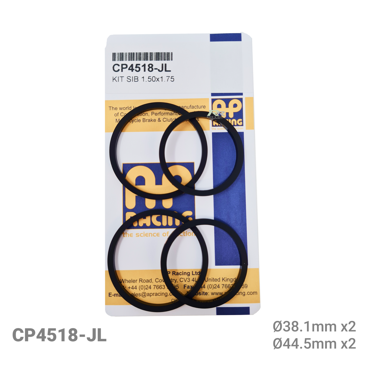 AP Racing high temperature caliper seal kit with Ø38.1mm and Ø44.5mm seals, suitable for brake calipers.