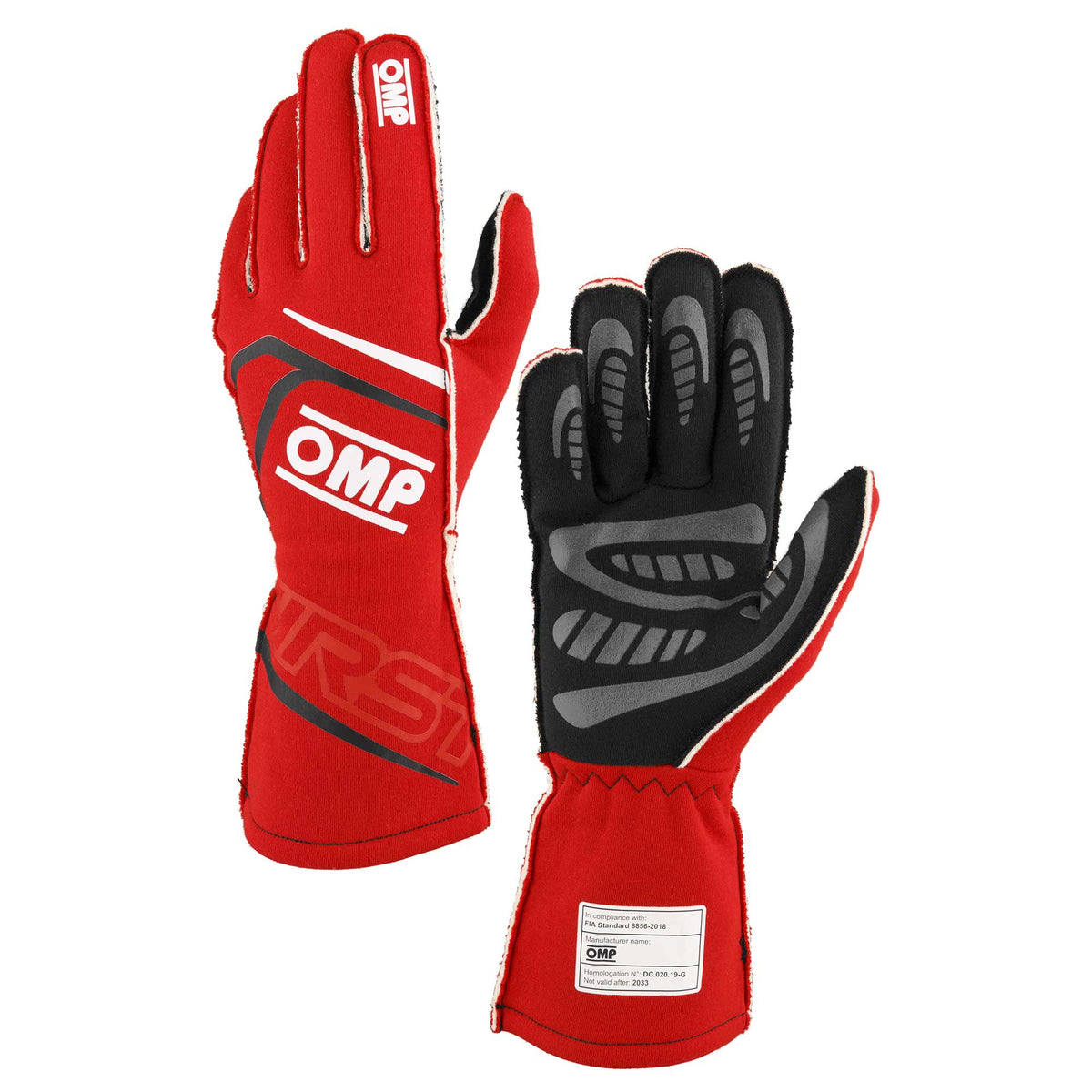 Red OMP First Racing Glove, lightweight race gloves with grip and comfort for motorsport driving.