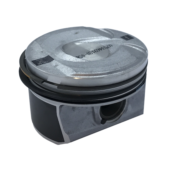 Peugeot Sport piston showing metal cylinder with piston rings and detailed machining for high-performance engine applications.