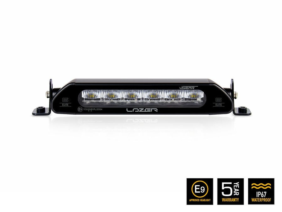Lazer Lamps Linear-6 Elite linear LED work light with multiple LED modules and a sturdy mounting bracket, designed for vehicle use.