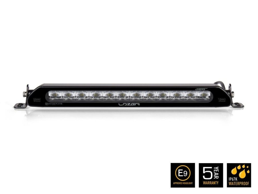 Lazer Lamps Linear-12 linear LED light bar with multiple LED modules and mounting brackets, front view showing sleek design.