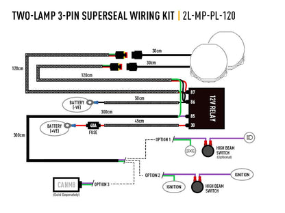 Two-Lamp Wiring Kit - Mid Power (3-Pin, Superseal, 12V) - Race and Rally