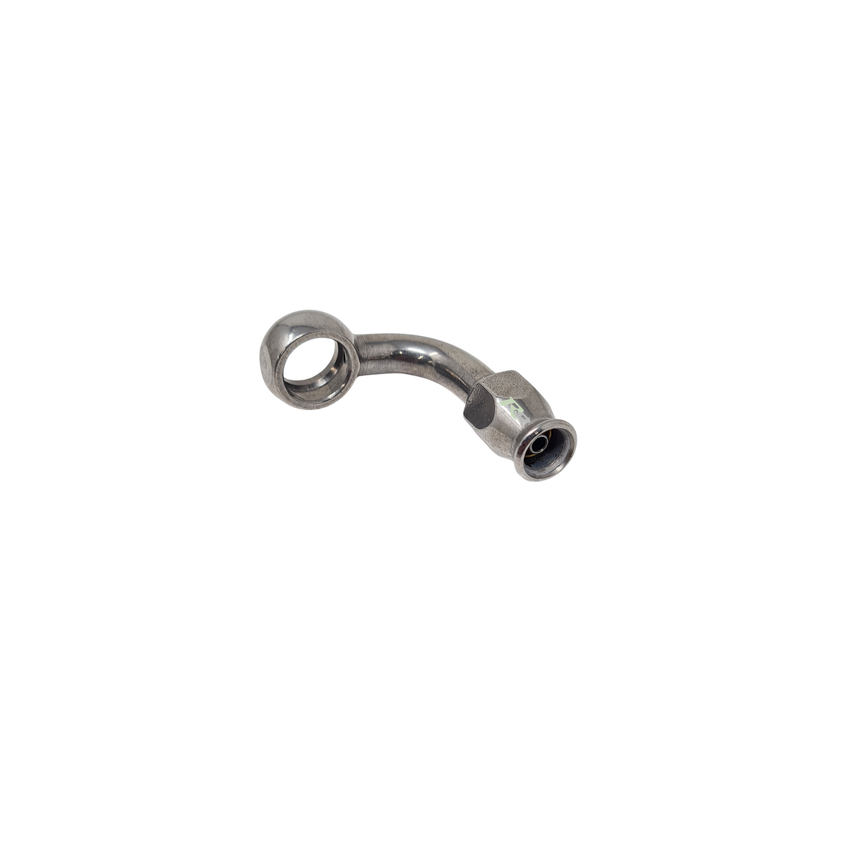 Goodridge 90° Banjo fitting with extended neck, automotive fluid connection component, featuring metal and rubber seals.