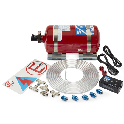 SPA Design FireFighter Electrical 4Ltr AFFF plumbed-in fire extinguisher with safety labels and mounting brackets.