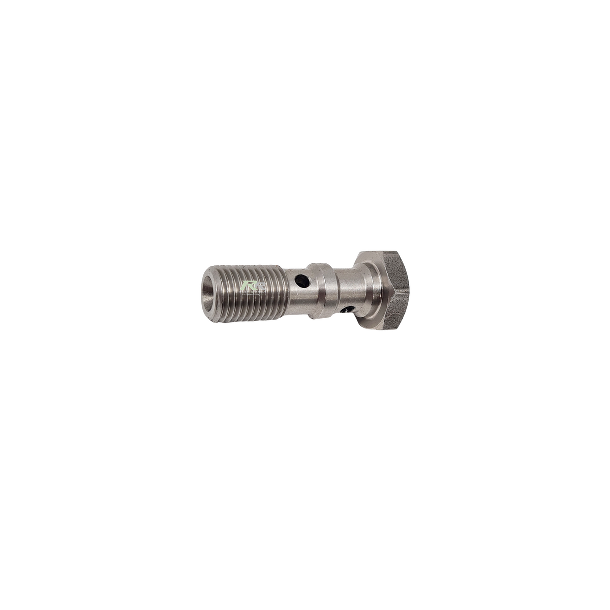 Goodridge double banjo bolt UNF fitting with metal construction and threaded ends for hydraulic brake or fuel line connections.