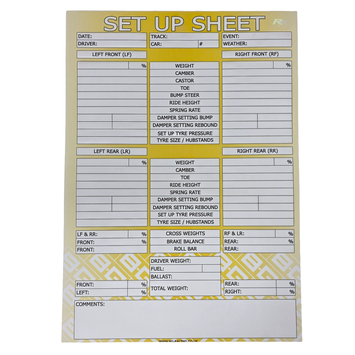 Chassis Set Up Sheets (Pad Of 50)