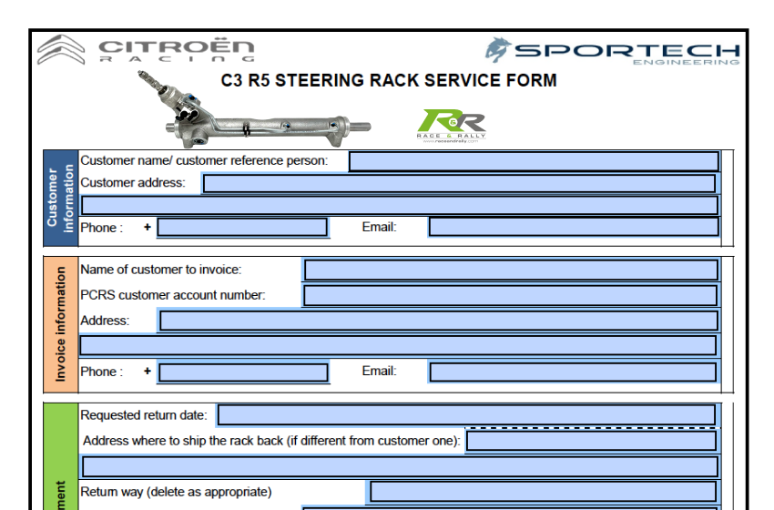 Steering Rack Service Form