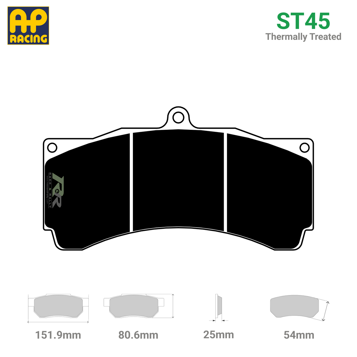 AP Racing CP3558D54 brake pad set with ST45B compound, showing a close-up of the high-performance brake pads.
