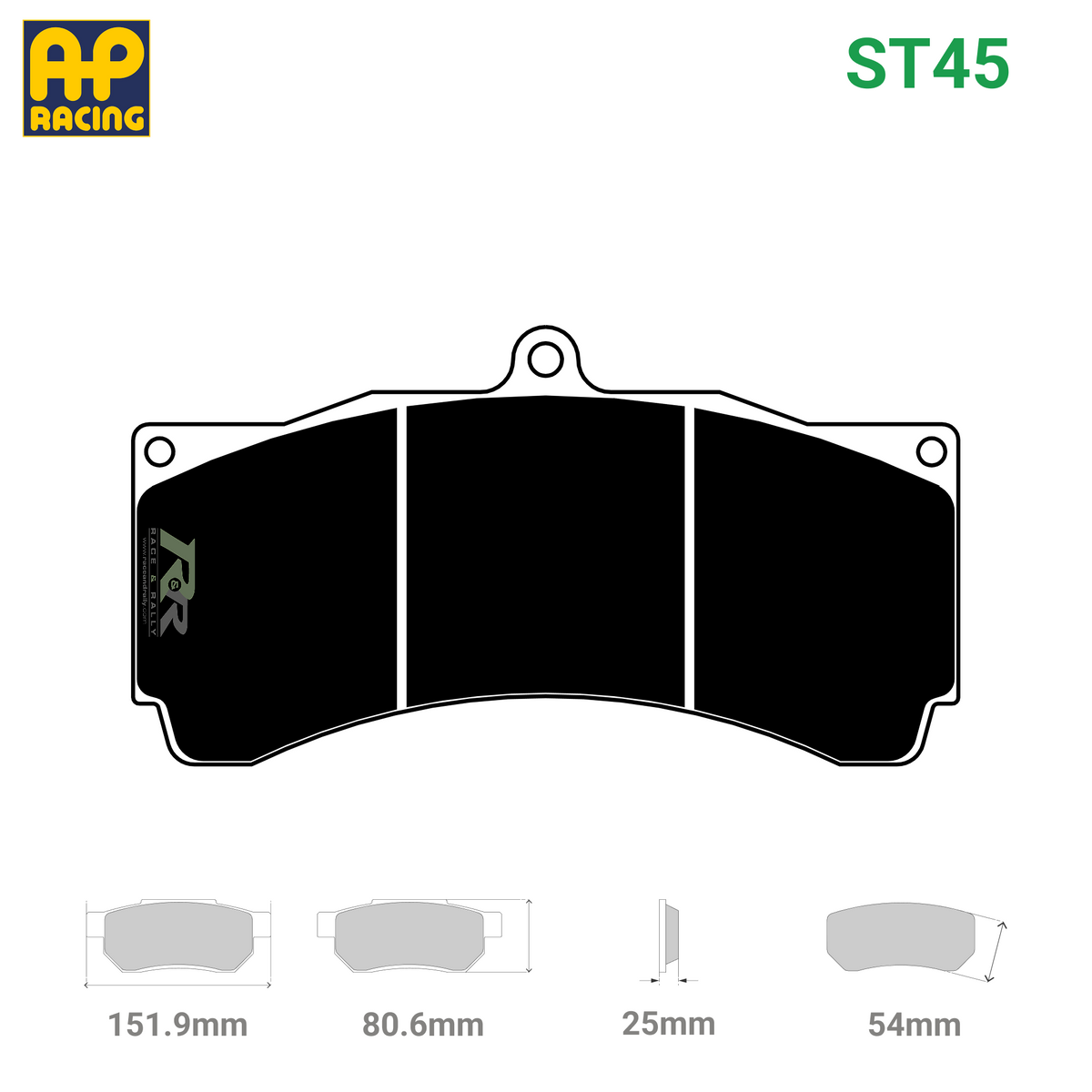 Raybestos ST45 brake pad set for Cupra TCR MY2019, AP Racing CP3558D54 brake pads with metal backing and friction material.
