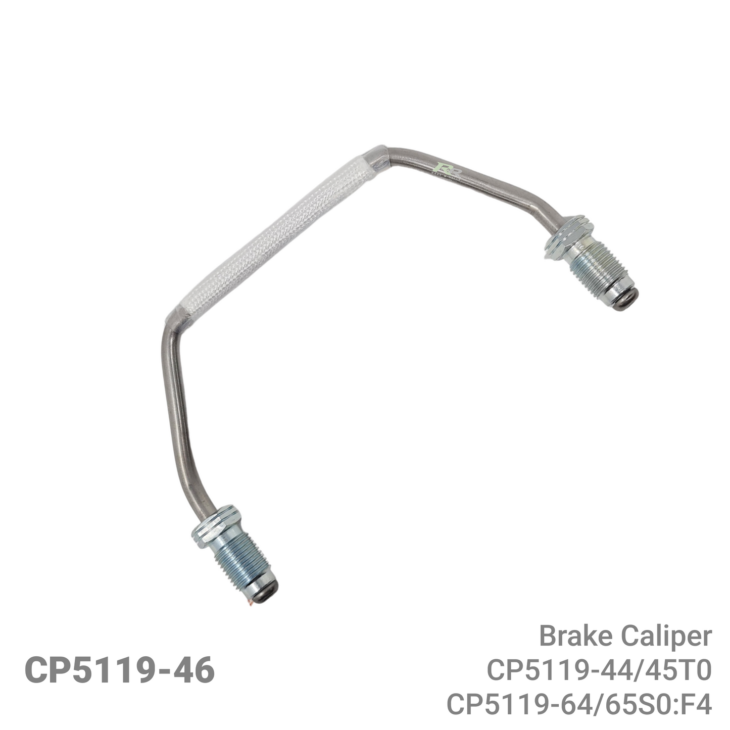 A curved metal brake caliper hose with threaded ends and a braided protective wrap, shown on a plain white background with part number and model text in the corners.