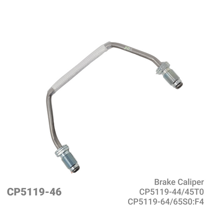 A curved metal brake caliper hose with threaded ends and a braided protective wrap, shown on a plain white background with part number and model text in the corners.