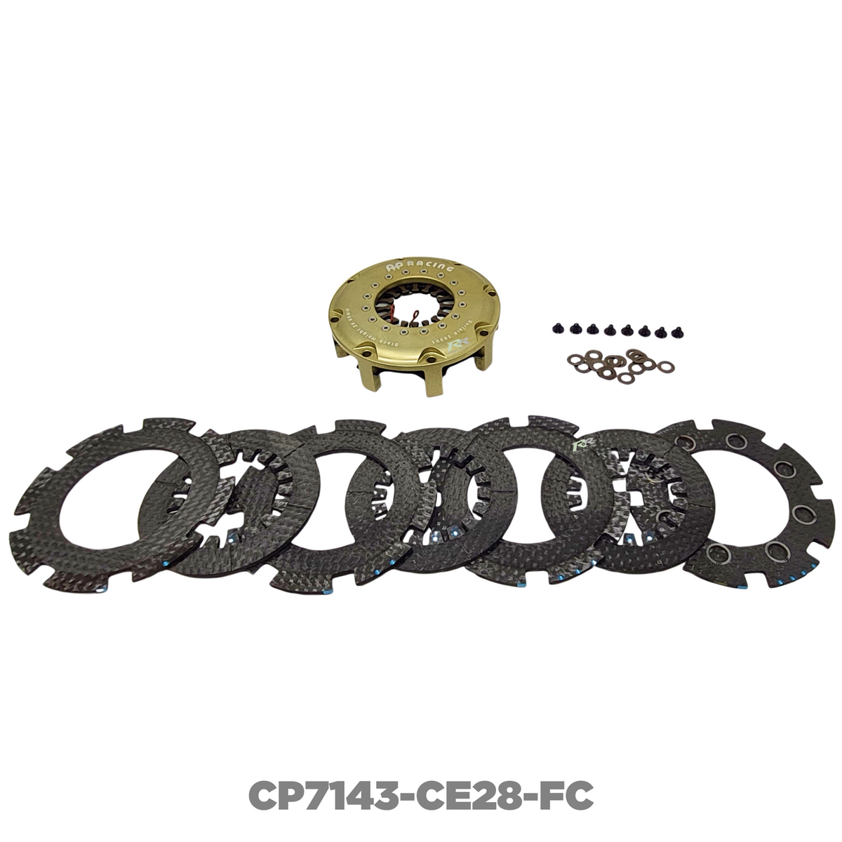 AP Racing Ø140mm quadruple plate carbon clutch assembly with push type design, showing the clutch plates and components.