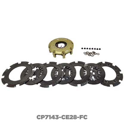 AP Racing Ø140mm quadruple plate carbon clutch assembly with push type design, showing the clutch plates and components.