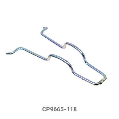 AP Racing brake caliper pad retainer, model CP9665-118, showing a metal clamp designed to secure brake pads in racing vehicles.