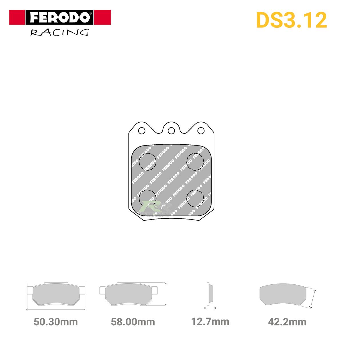 Ferodo FRP3104G DS3.12 brake pads showing the metallic friction surface and mounting hardware.