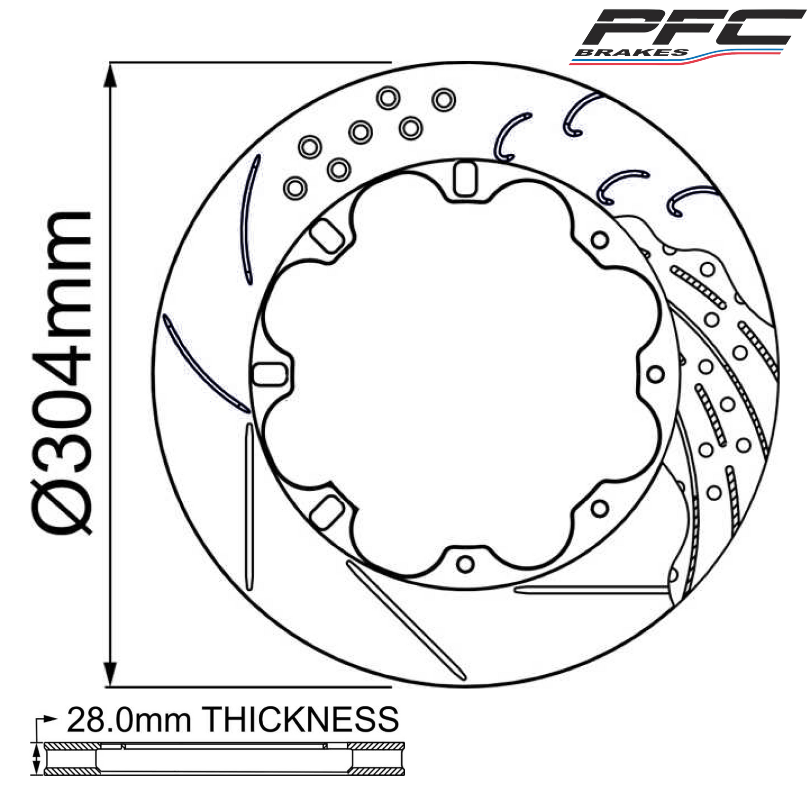 Ø304mm x 28.0mm Ventilated Brake Disc - 12 x 177.8mm PCD - Bolted - Race and Rally