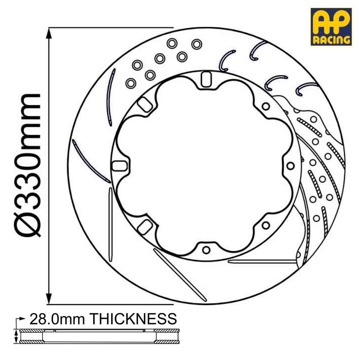 Ø330mm x 28.0mm Ventilated Brake Disc - 12 x 203.2mm PCD - Bolted - 14.0mm Air Gap - Race and Rally