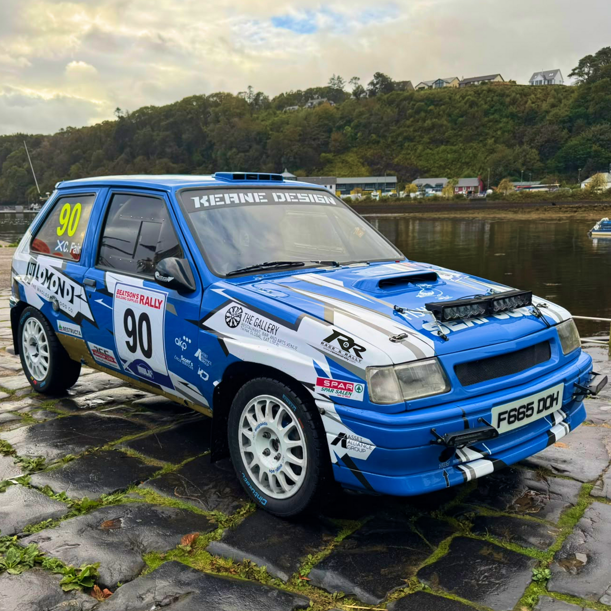 Lazer Lamps Universal Rally Kit with 2 Carbon-6 bonnet pod lamps installed on a vehicle for rally racing.