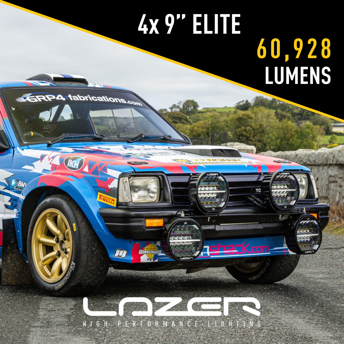 Lazer Lamps Sentinel 9-inch Elite universal rally kit with four bonnet pod lamps for off-road driving and high visibility.
