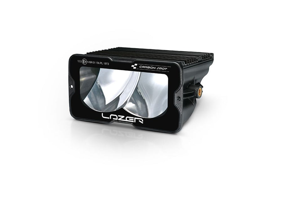Lazer Lamps Carbon Series Carbon-2 Spot light with backlight and yellow dip showing angled view and detailed lens design