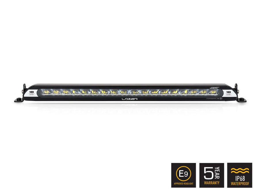 Lazer Lamps Linear-18 Elite+ linear LED light with front view showing multiple LED modules and sleek black housing.
