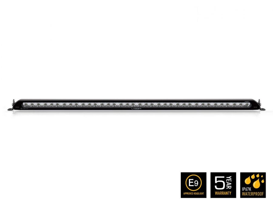 Linear-36 Lazer Lamps linear LED light bar with straight design and logo, mounted on a vehicle for enhanced visibility.