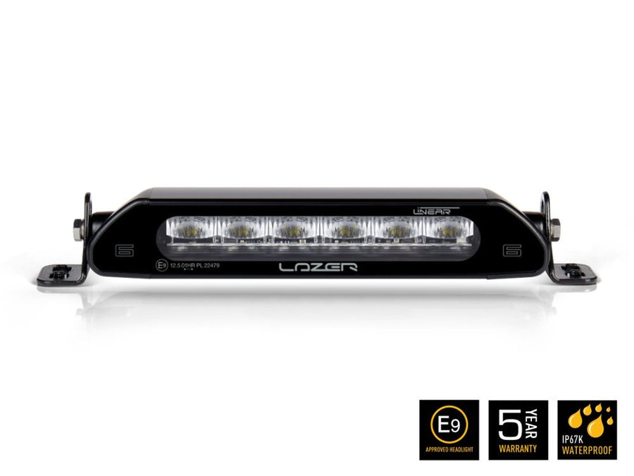 Lazer Lamps Linear-6 LED light with side mounts, showcasing its sleek design and sturdy build for off-road or vehicle lighting.