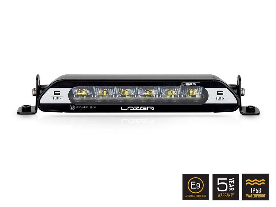 Lazer Lamps Linear-6 Elite+ LED linear work light with front-facing design and multiple web icons showing features.