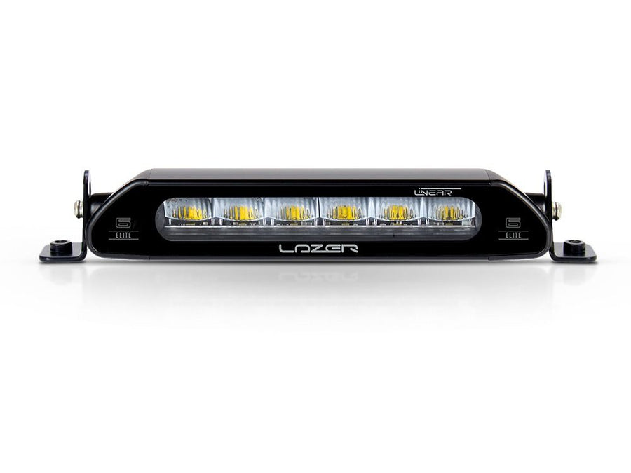 Lazer Lamps Linear-6 Elite yellow LED linear light showing front view with bright yellow illumination on a white background.